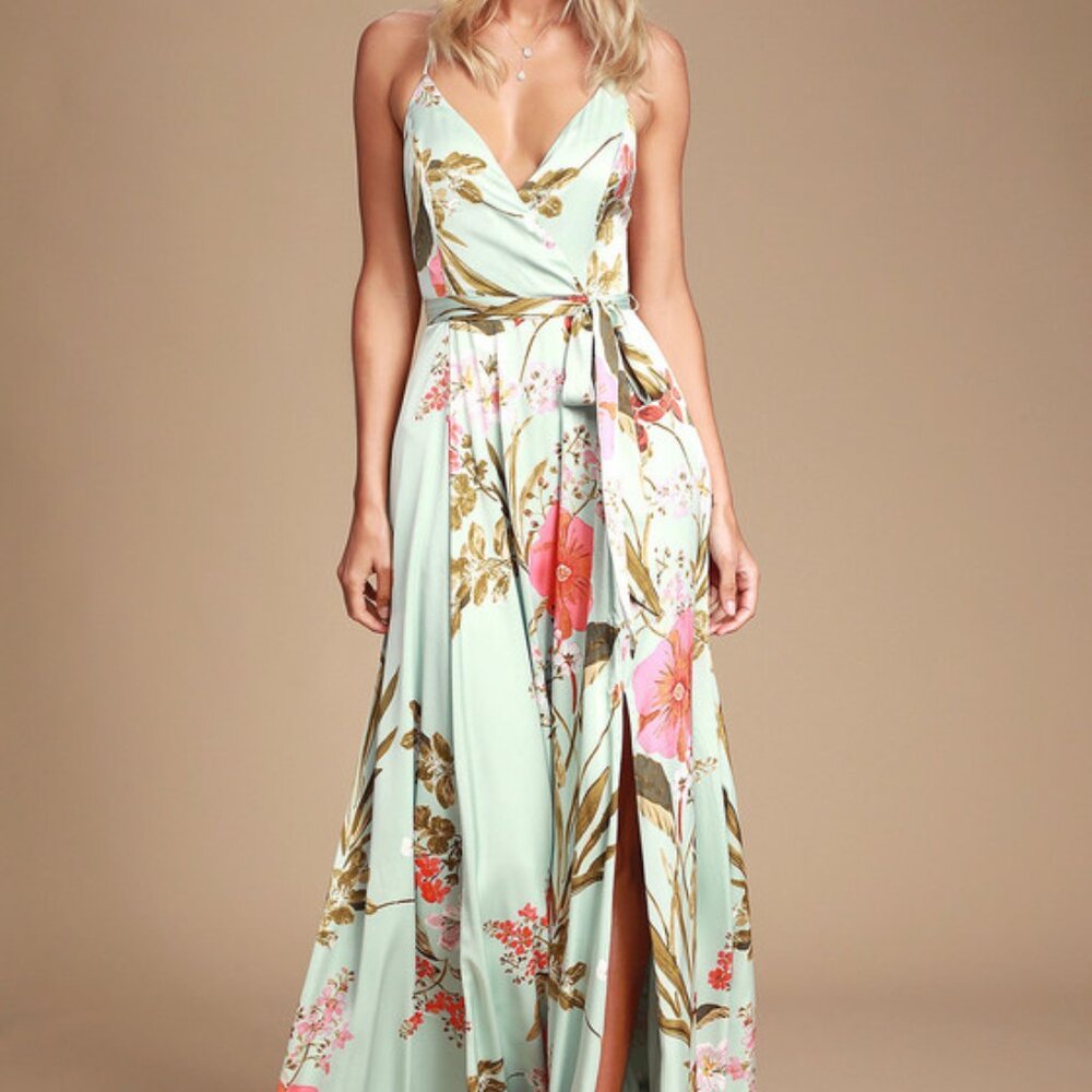 Lulus Still The One Sage Green Floral Print Satin Maxi Dress - Size L